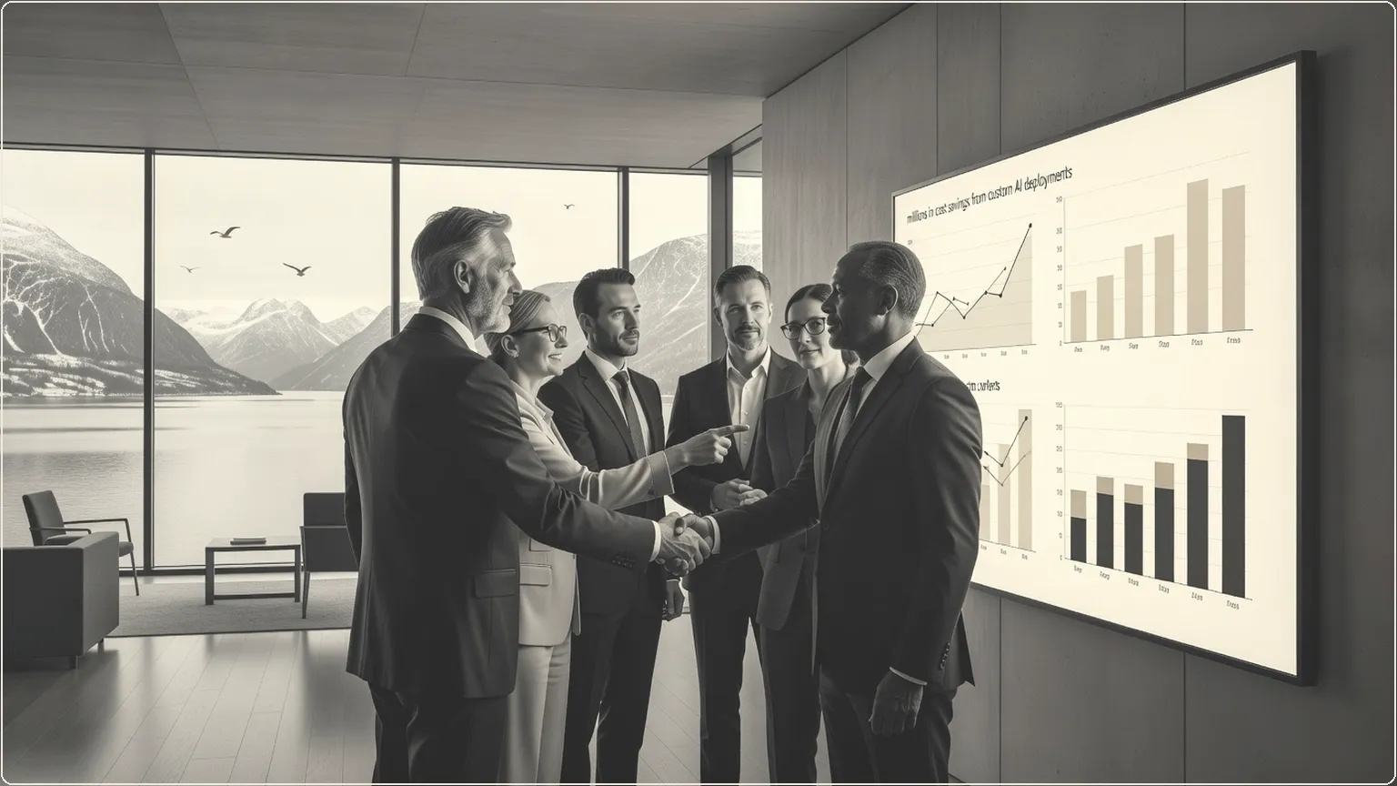 Enterprise team celebrating AI-driven cost savings on dashboard in Nordic office