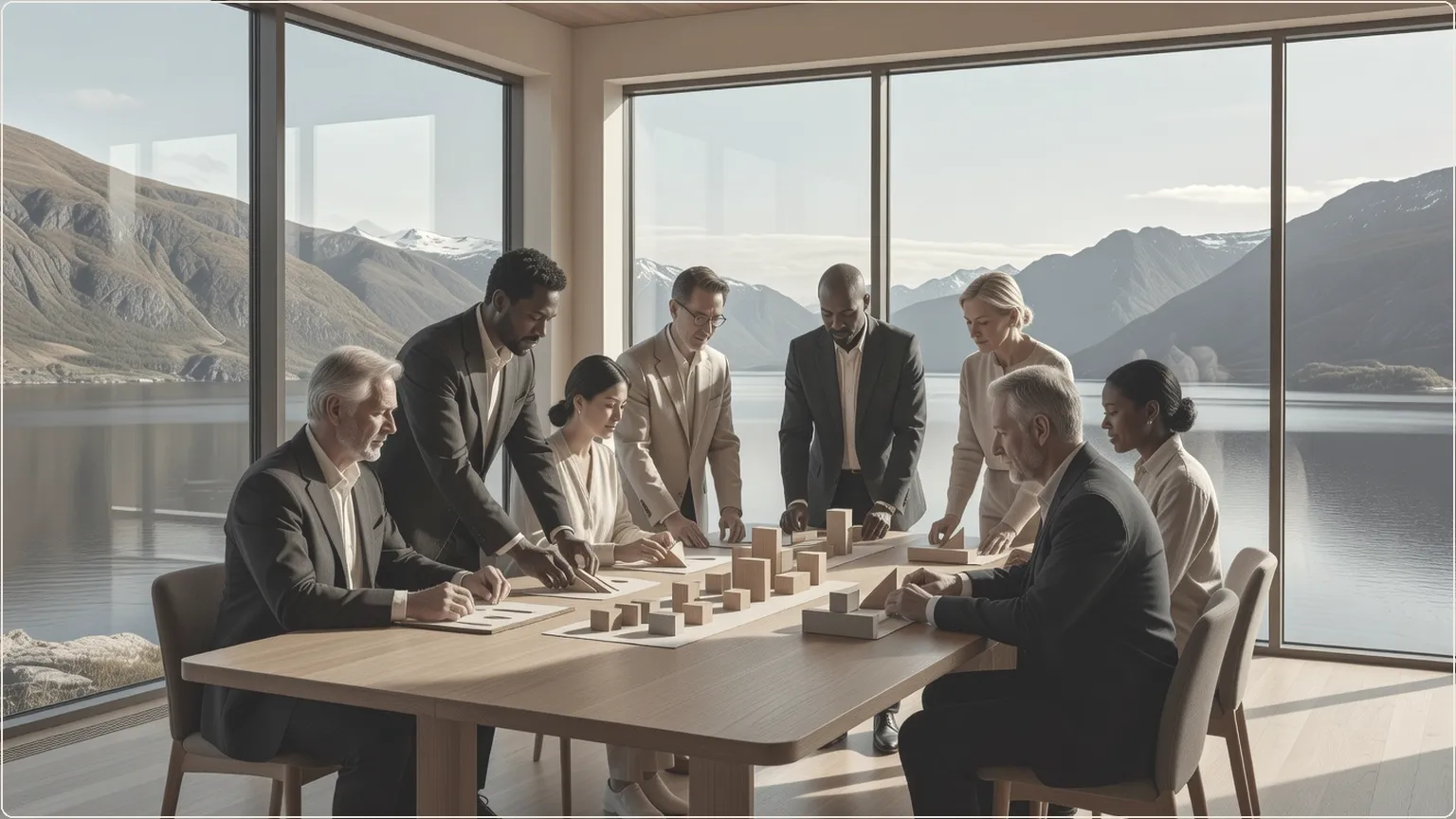 Pohjoismaiset ammattilaiseet toimistossa vuonon äärellä orkestroimassa säännösten mukaisia työnkulkuja