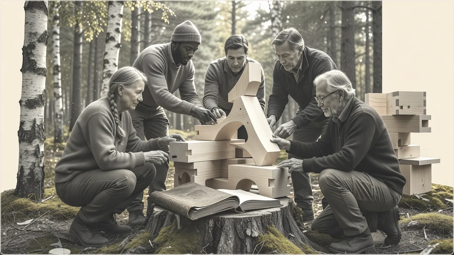 Byggere som selvorganiserer med spillebok midt i nordisk skog