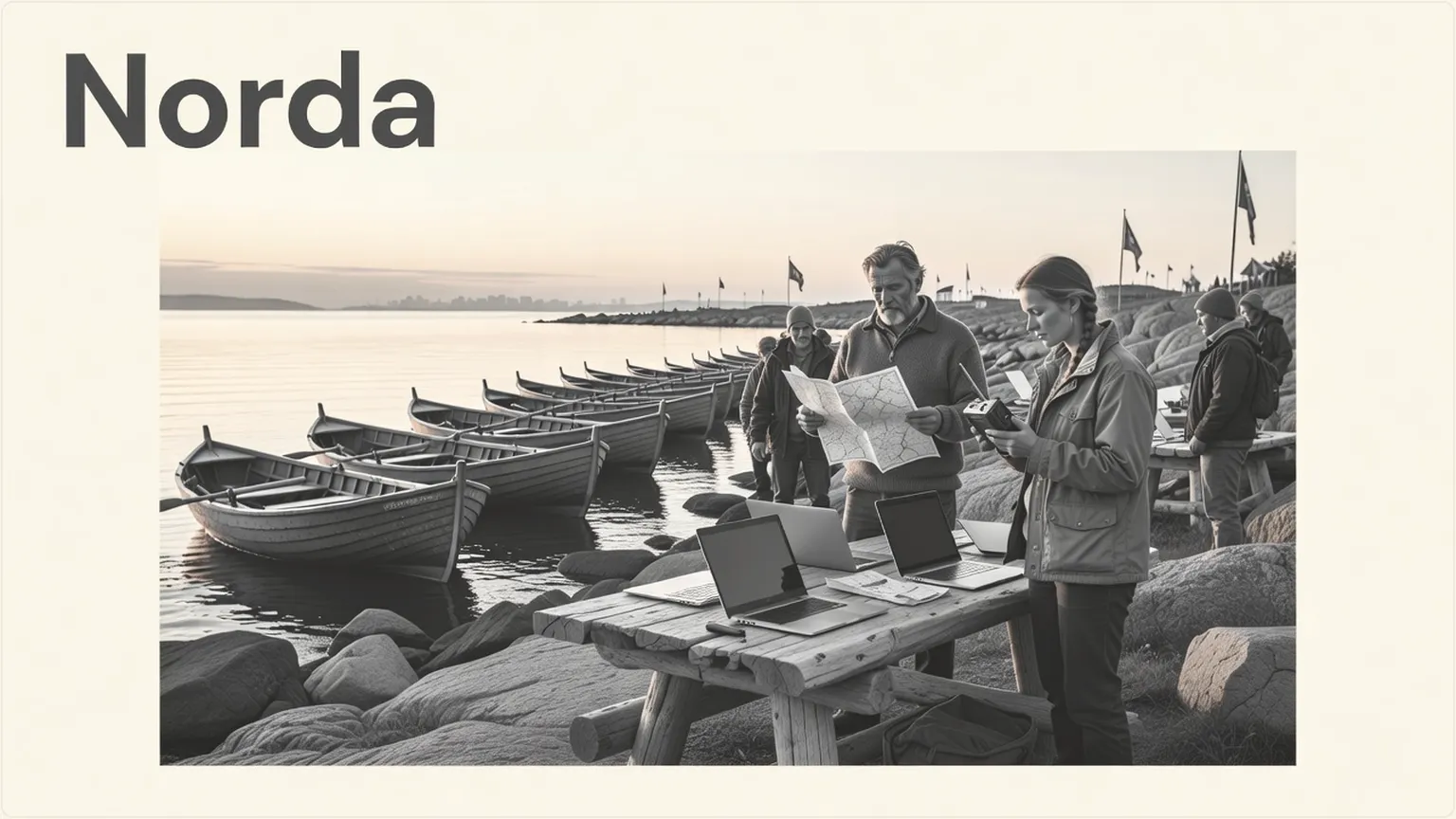 Engineers on a Nordic shore directing wooden boats at sunset