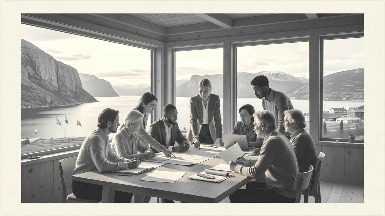 Team som strategiserer ved et bord i en sollys nordisk hytte med utsikt over fjorder
