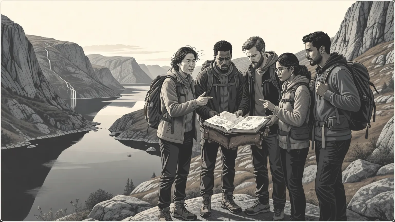 Hold af byggere der udforsker og samarbejder i nordisk vildmark