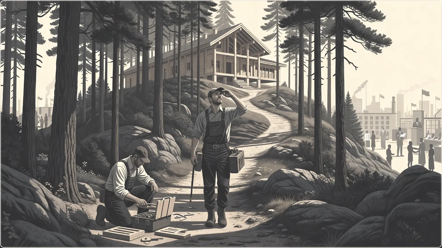 Builder hiking from software installation to production in Nordic forest landscape