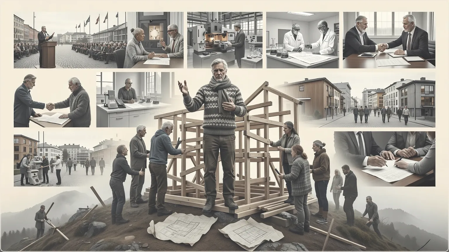 Conductor guiding team of builders on Nordic frontier, symbolizing orchestration over code
