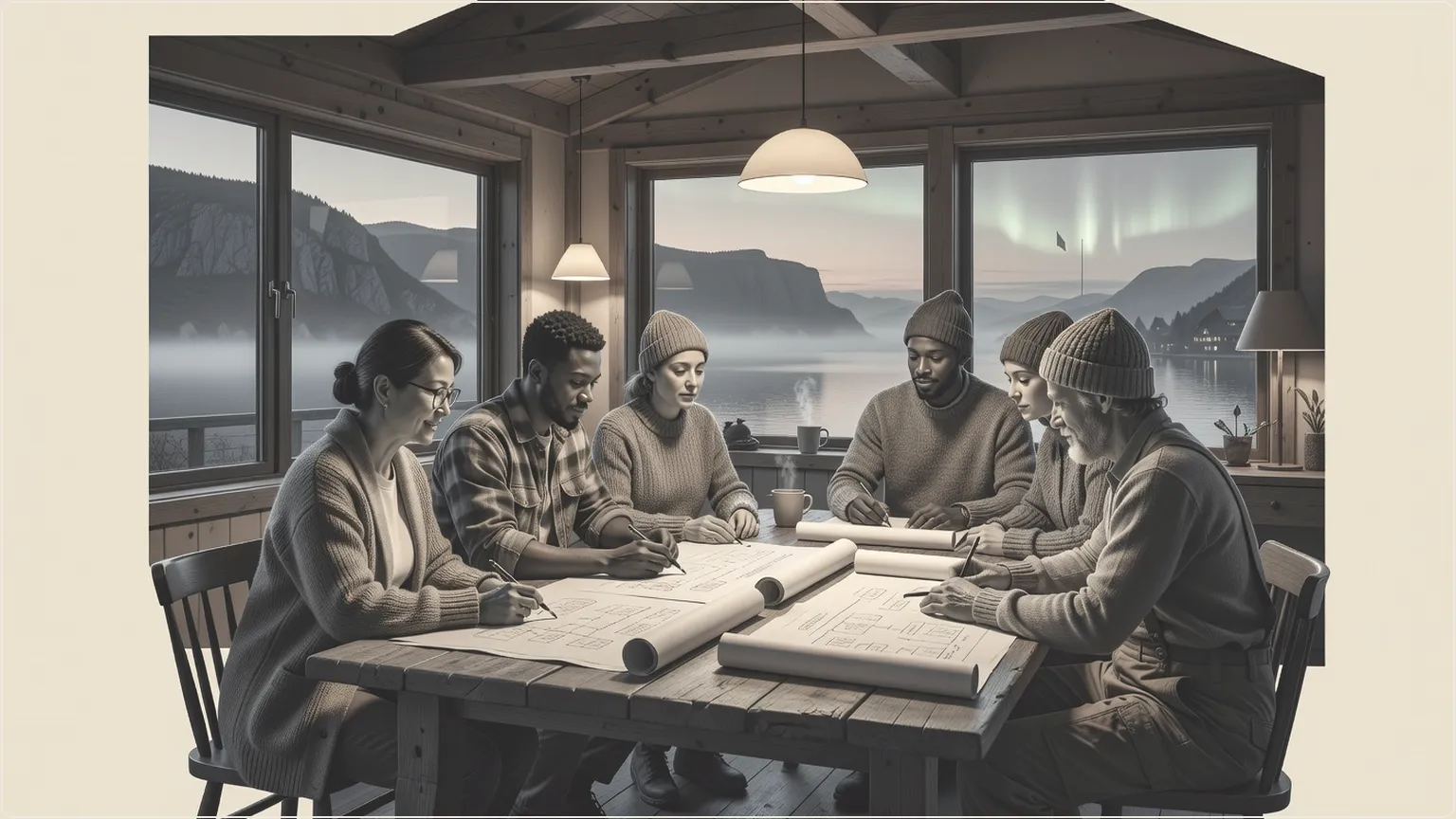 Professionals mapping human-like AI organizations in a serene Nordic fjord-side cabin