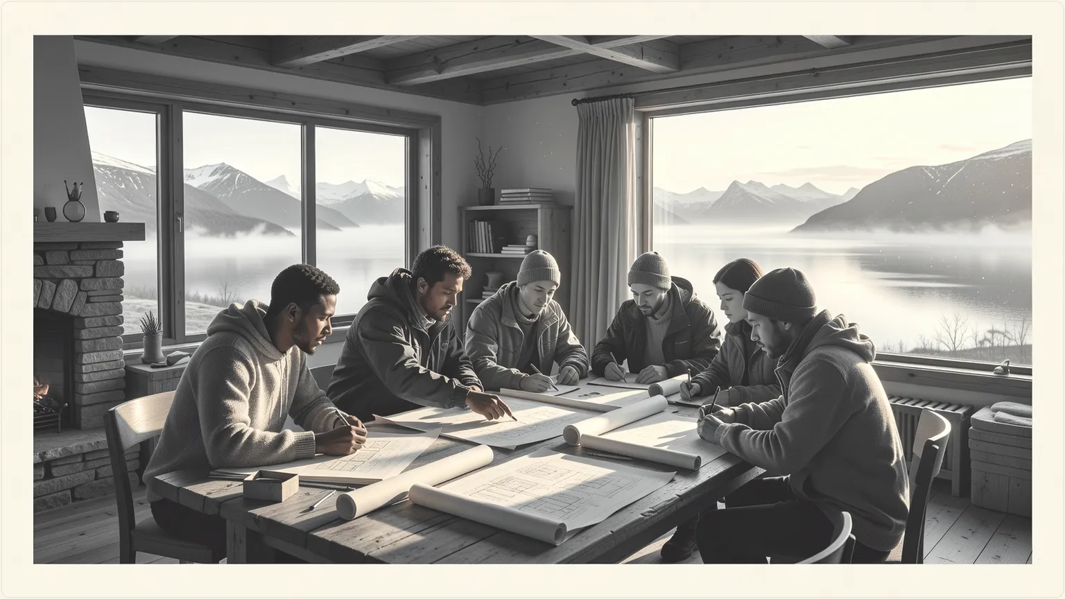 Utvecklare som samarbetar med open source-projekt i en mysig nordisk stuga med utsikt över fjordar