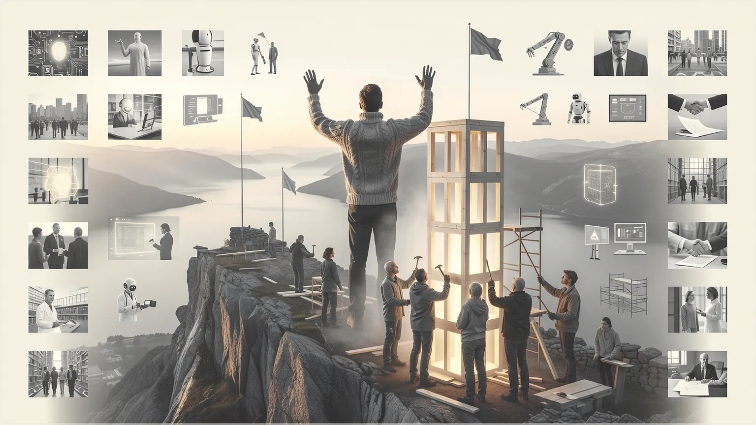 Dirigent som orkesterar byggare på en nordisk fjordklippa vid solnedgång