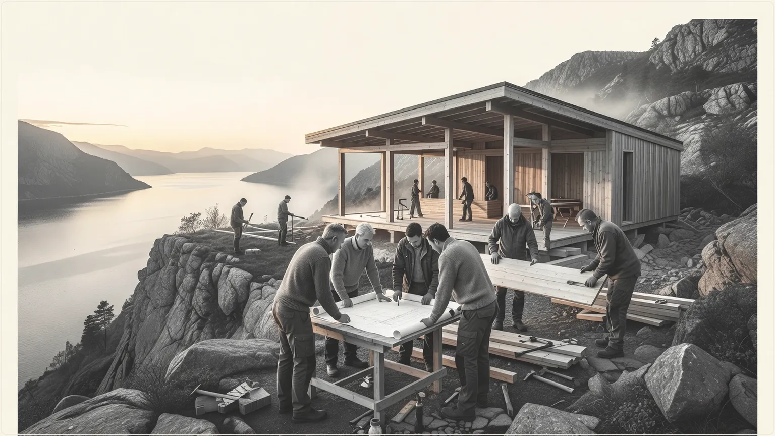 Builders creating innovative structures in a serene Nordic fjord landscape