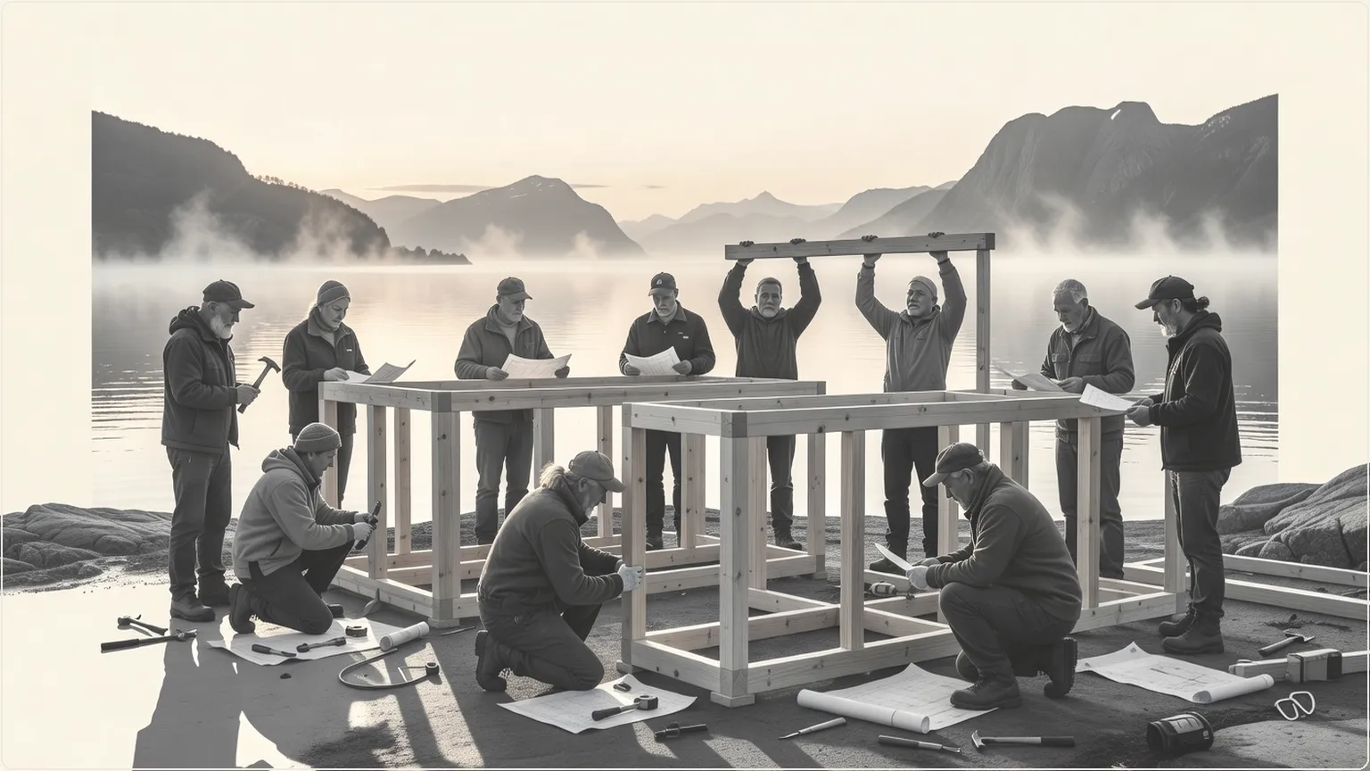 Rakentajatiimi kokoaa modulaarisia rakenteita pohjoismaisella vuonolla agentitaloudelle