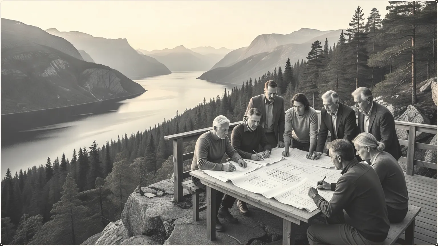 Diverse fagfolk som gjennomtenkt designer tegninger i et nordisk fjordlandskap