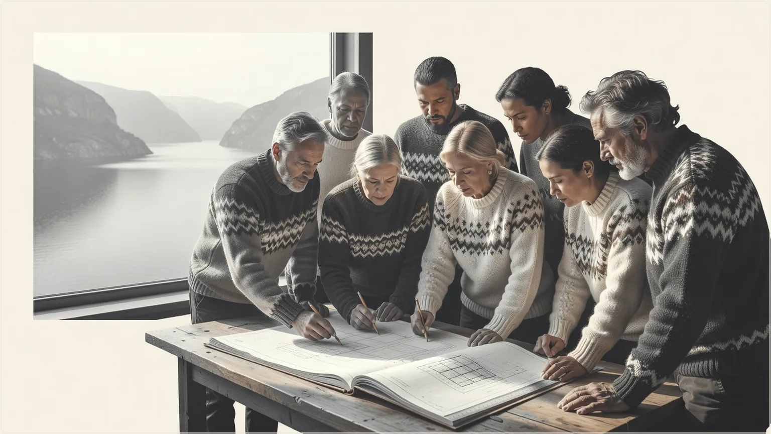 Byggare samlade runt en handbok i ett nordiskt landskap, som planerar ambitiösa konstruktioner