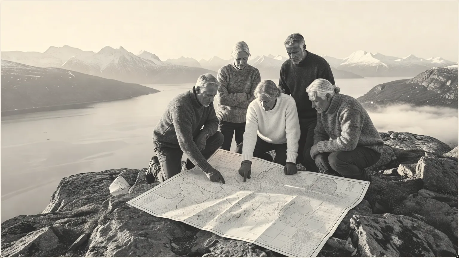 Skandinaaviset rakentajat suunnittelemassa vuonon näköalapaikalla, symboloiden pohjoismaista etumatkaa koodin jälkeisessä innovaatiossa