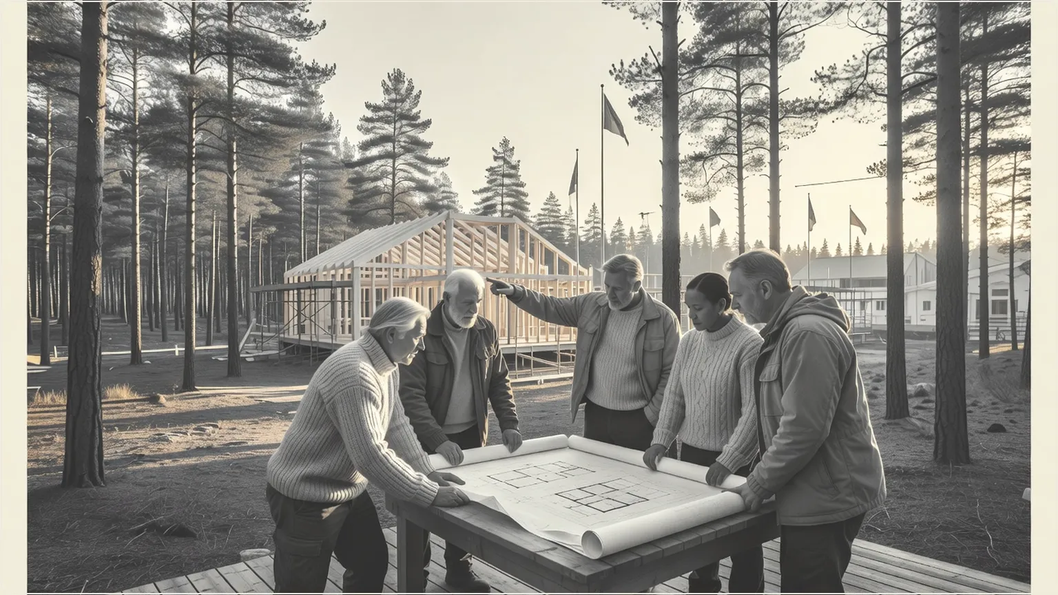 Engineers reviewing plans on a forest deck beside a timber frame under construction