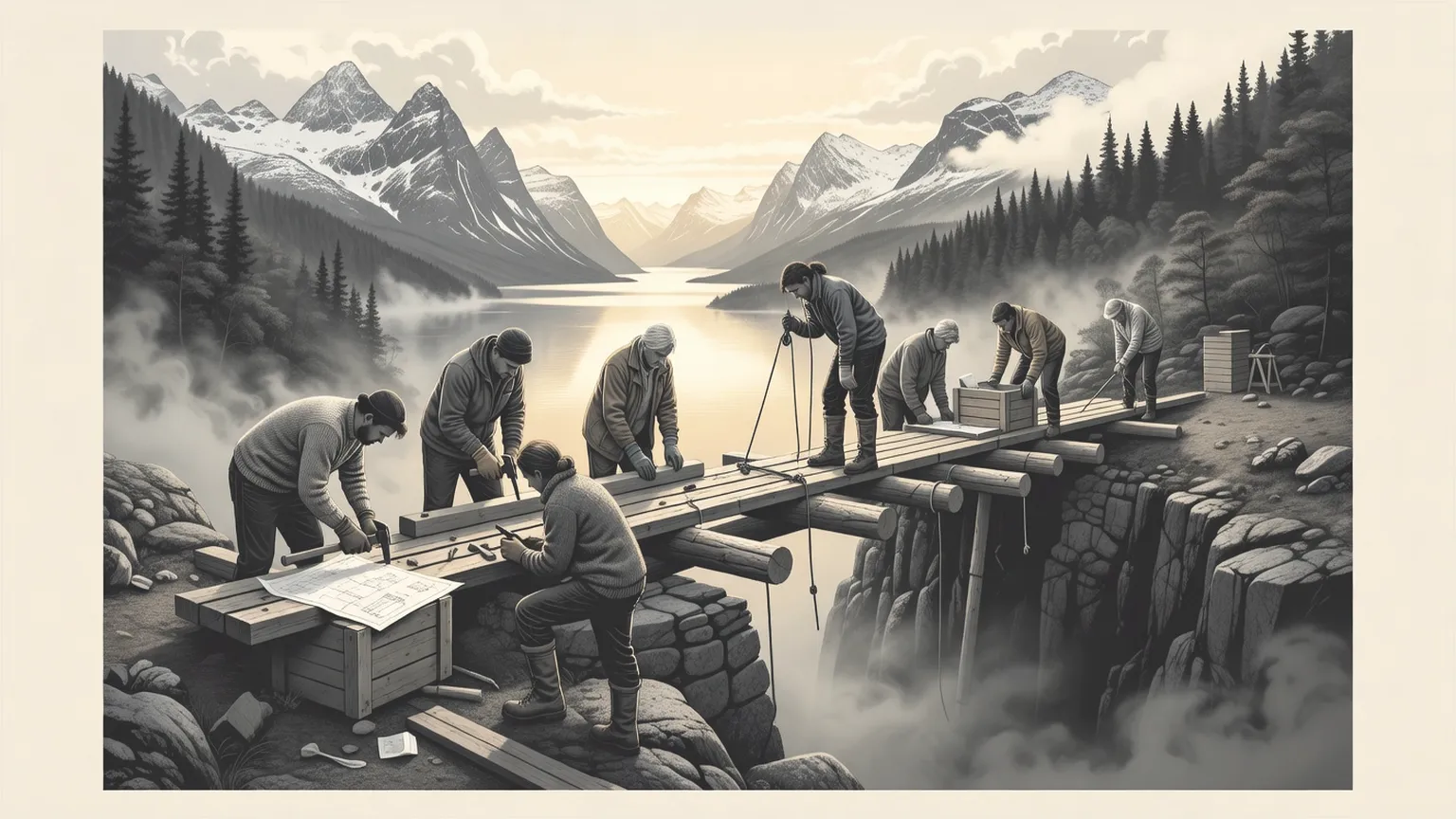 Tiimi rakentaa puusiltaa pohjoismaisen vuonon yli, symboloiden harkintaa infrastruktuurina