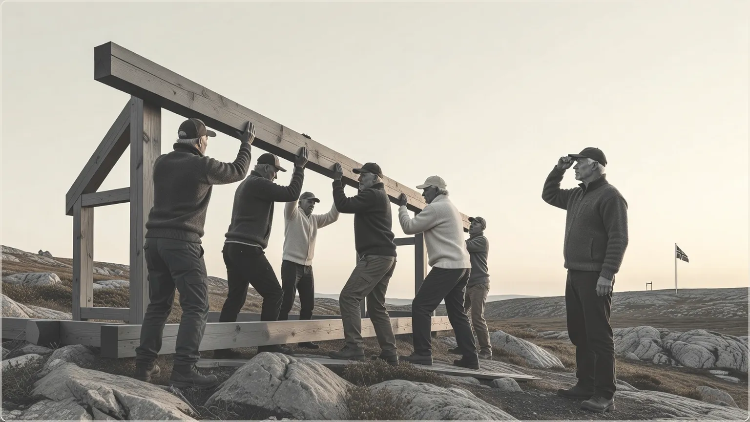 Team der bygger en træhytte-ramme på en solbelyst nordisk bakketop