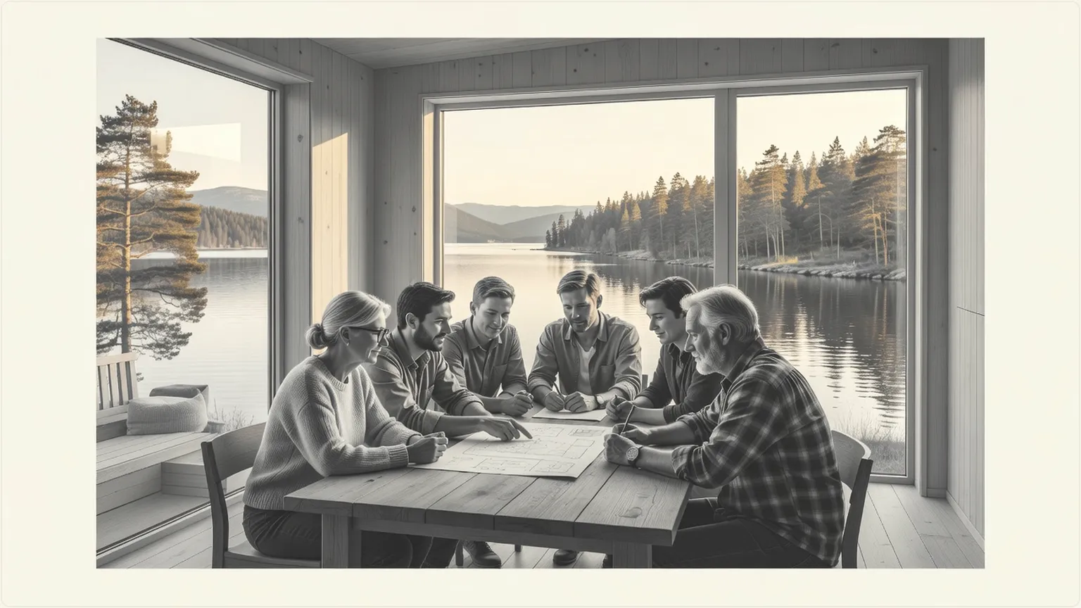 Utviklere som samarbeider ved et bord i en trehytte med utsikt over en nordisk fjord
