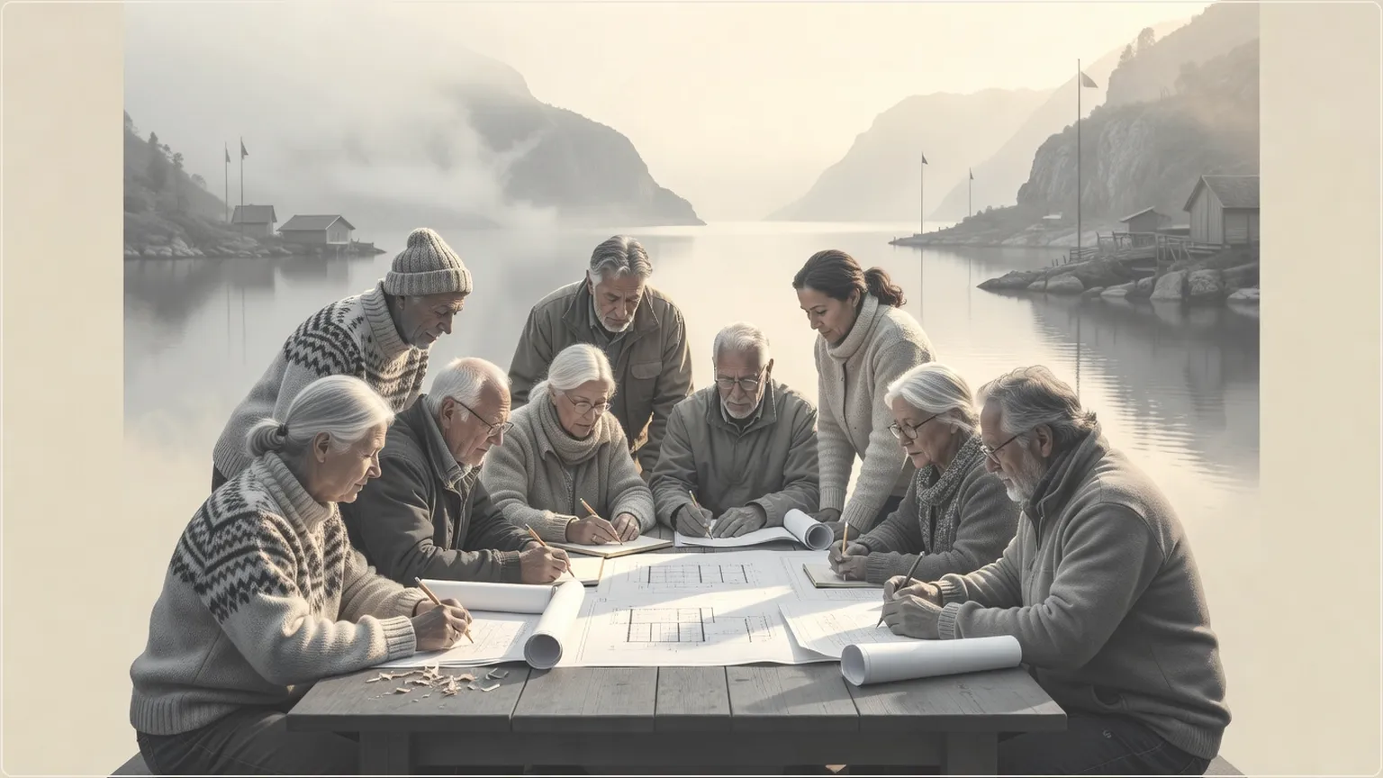 Builders reviewing blueprints in a serene Nordic fjord setting