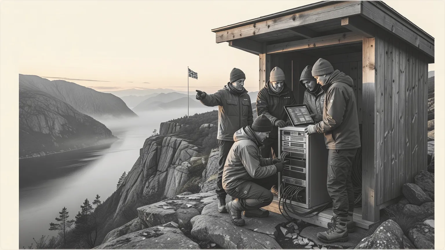 Engineers deploying local tech infrastructure on a Nordic fjord overlook