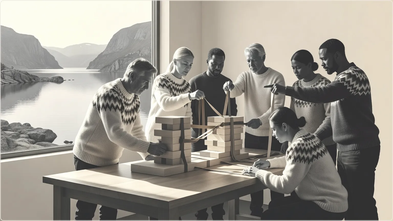 Hold af ingeniører bygger modulært agentsystem med træklodser i nordisk værksted ved fjord