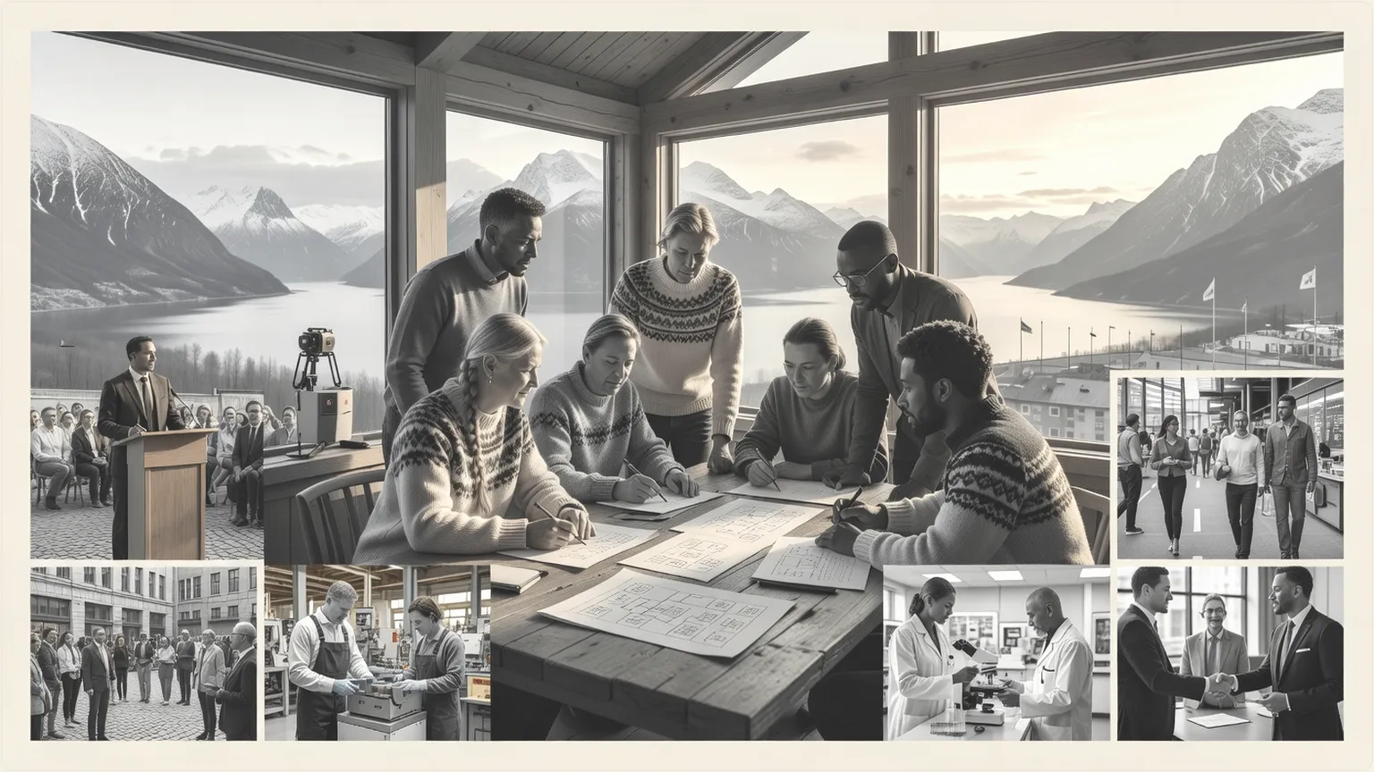 Team building AI department in scenic Nordic cabin overlooking fjords