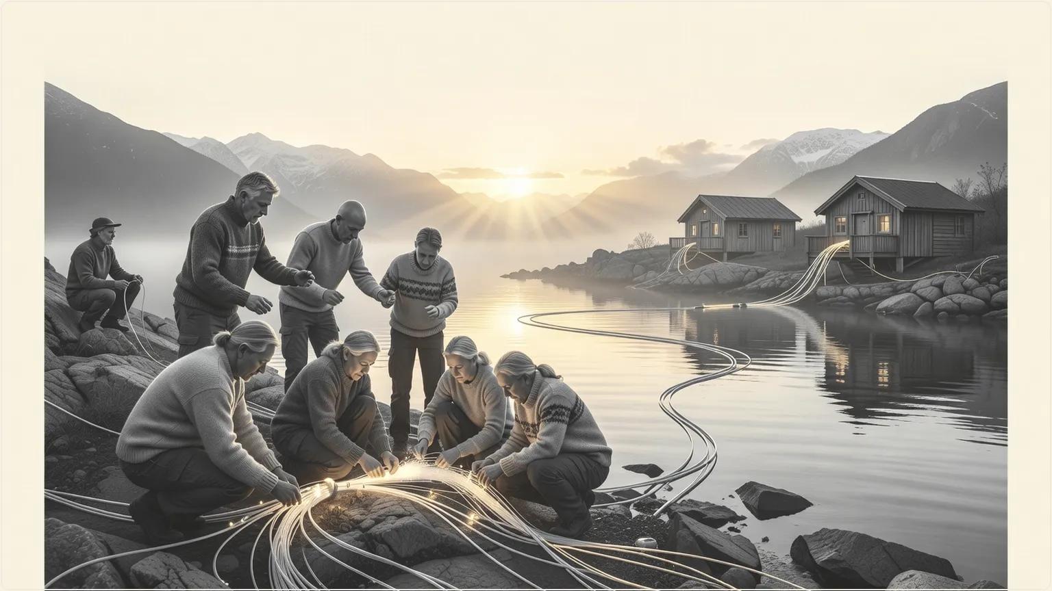 Engineers building fiber networks across a Nordic fjord landscape