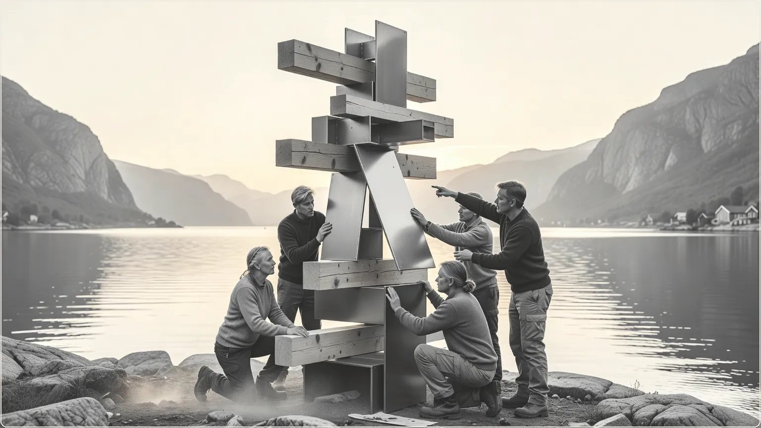 Byggere som konstruerer en hybrid stack av tre og metall i et nordisk landskap