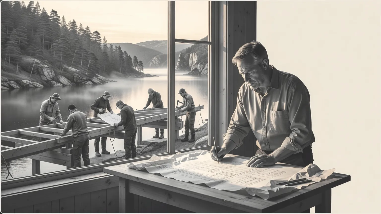 Ingenjör som skissar mjukvaruplaner i nordisk verkstad medan team bygger produktionsstruktur utanför