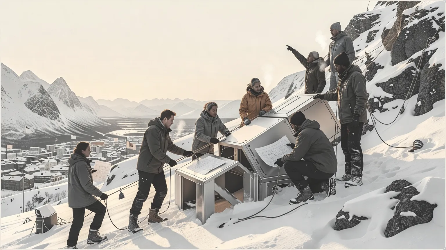 Team af ingeniører bygger teknisk struktur på nordisk bjerg ved solnedgang