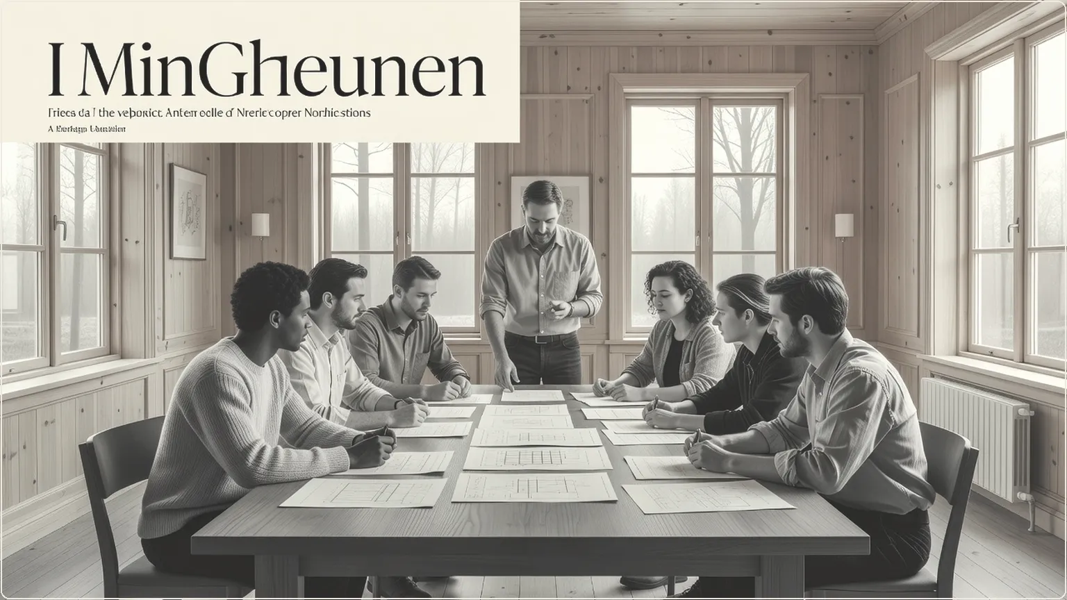 Developers collaborating around a table in a bright Nordic-style room, one person orchestrating the work