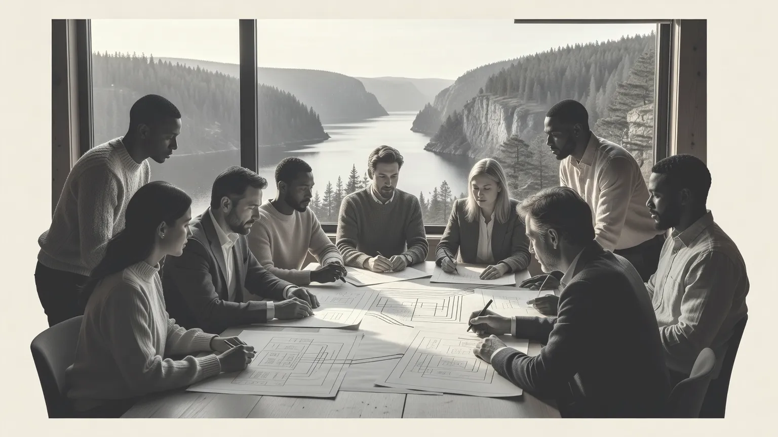 Suunnittelijat pohjoismaisessa mökissä integroimassa säädöksiä ohjelmistokaavoihin vuonojen maisemassa