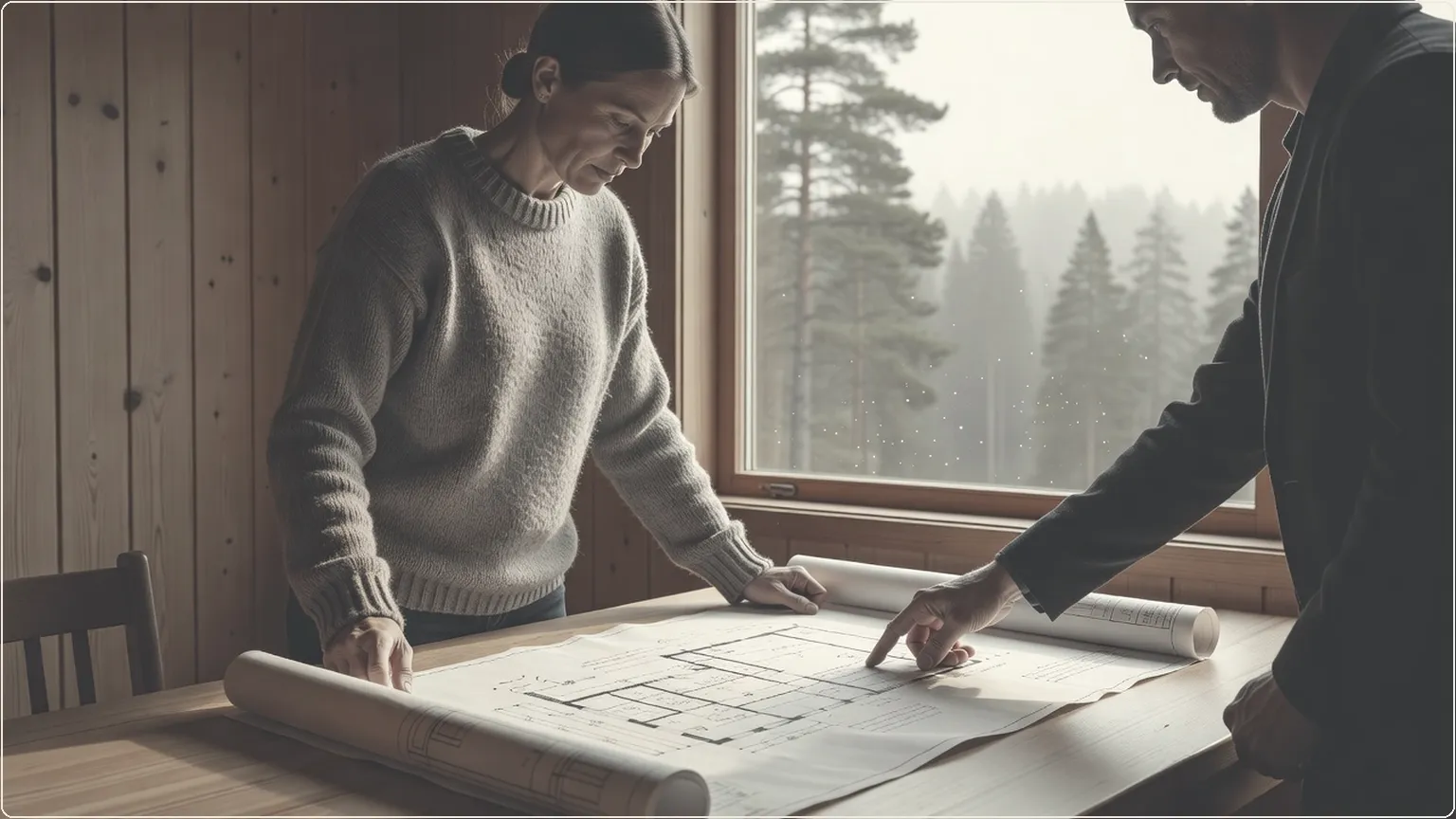 Two builders reviewing a blueprint together in a wooden cabin with forest view