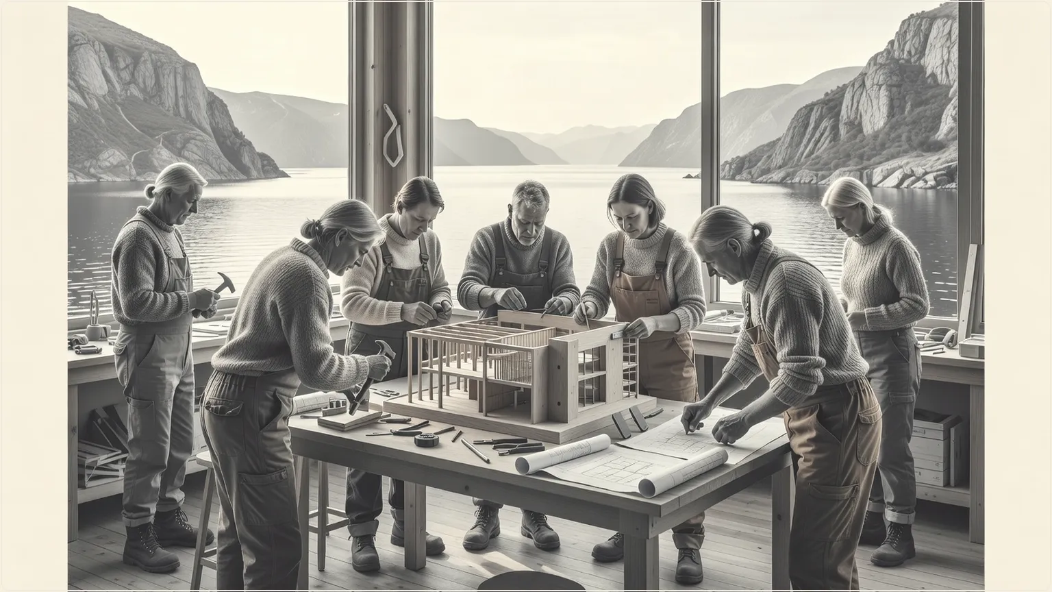 Nordiske byggere som itererer på en modell i et verksted ved fjorden