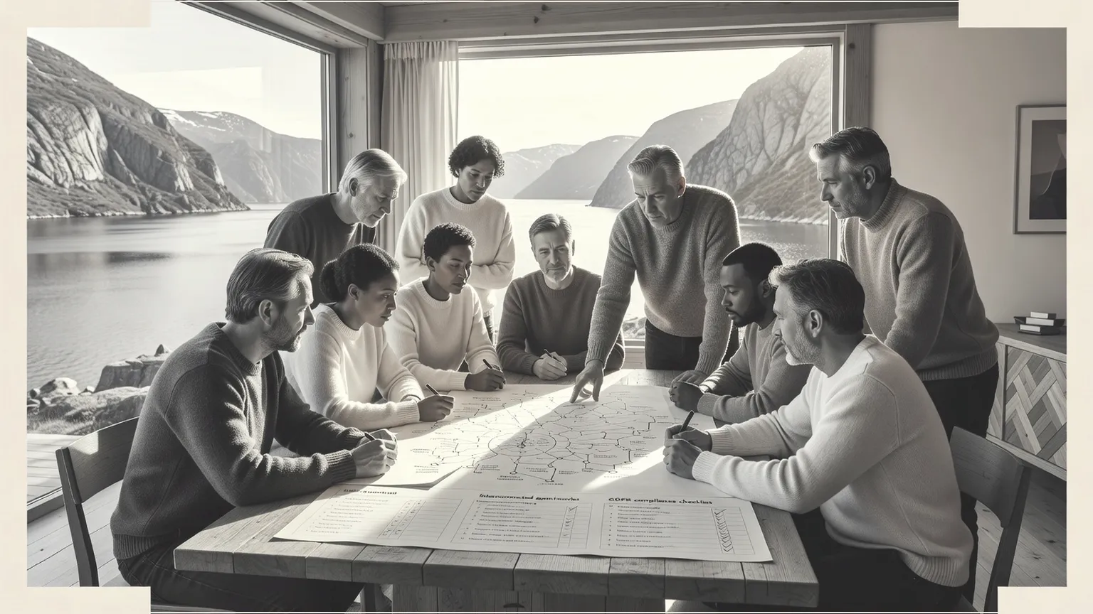 Tiimi suunnittelemassa GDPR-yhteensopivia agenttiverkkoja viihtyisässä pohjoismaisessa mökissä vuonojen äärellä