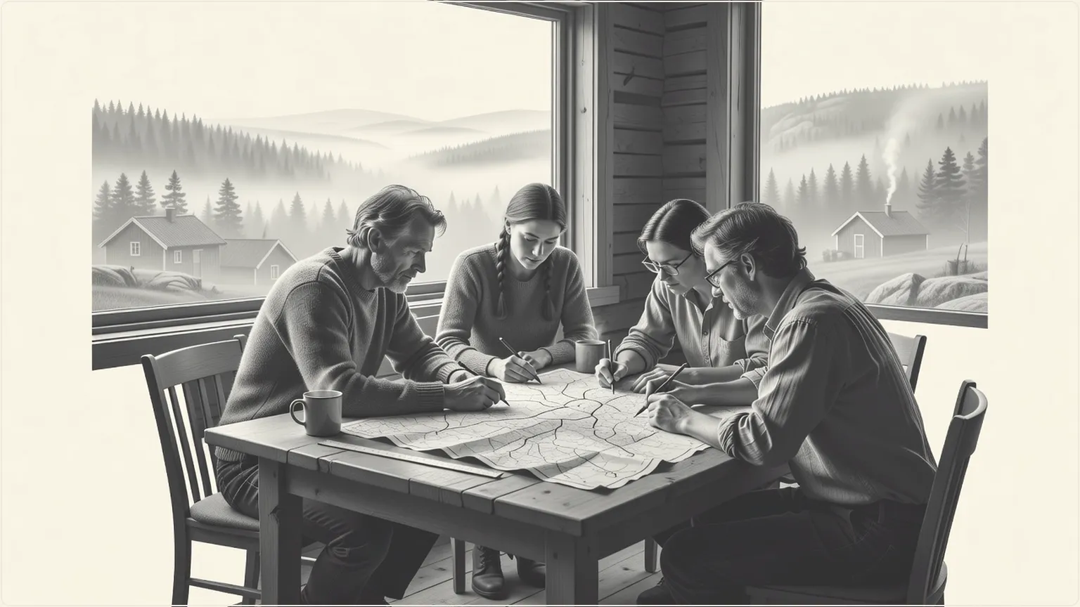 Engineers marking a map inside a wooden cabin with a misty landscape visible through the window