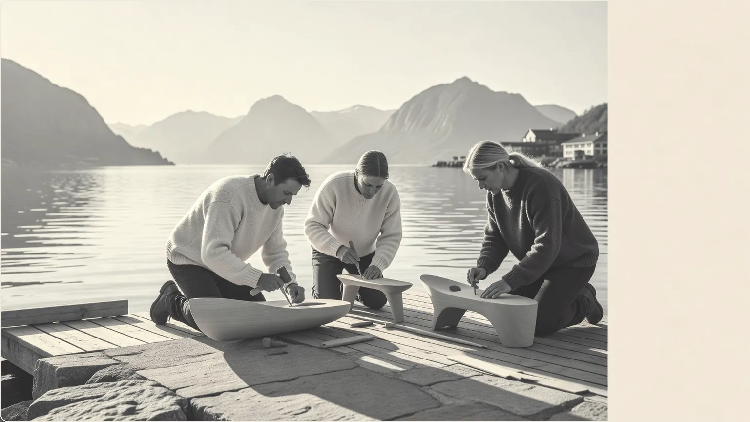 Hantverkare som bygger prototyper på en nordisk brygga, framkallar process som produkt
