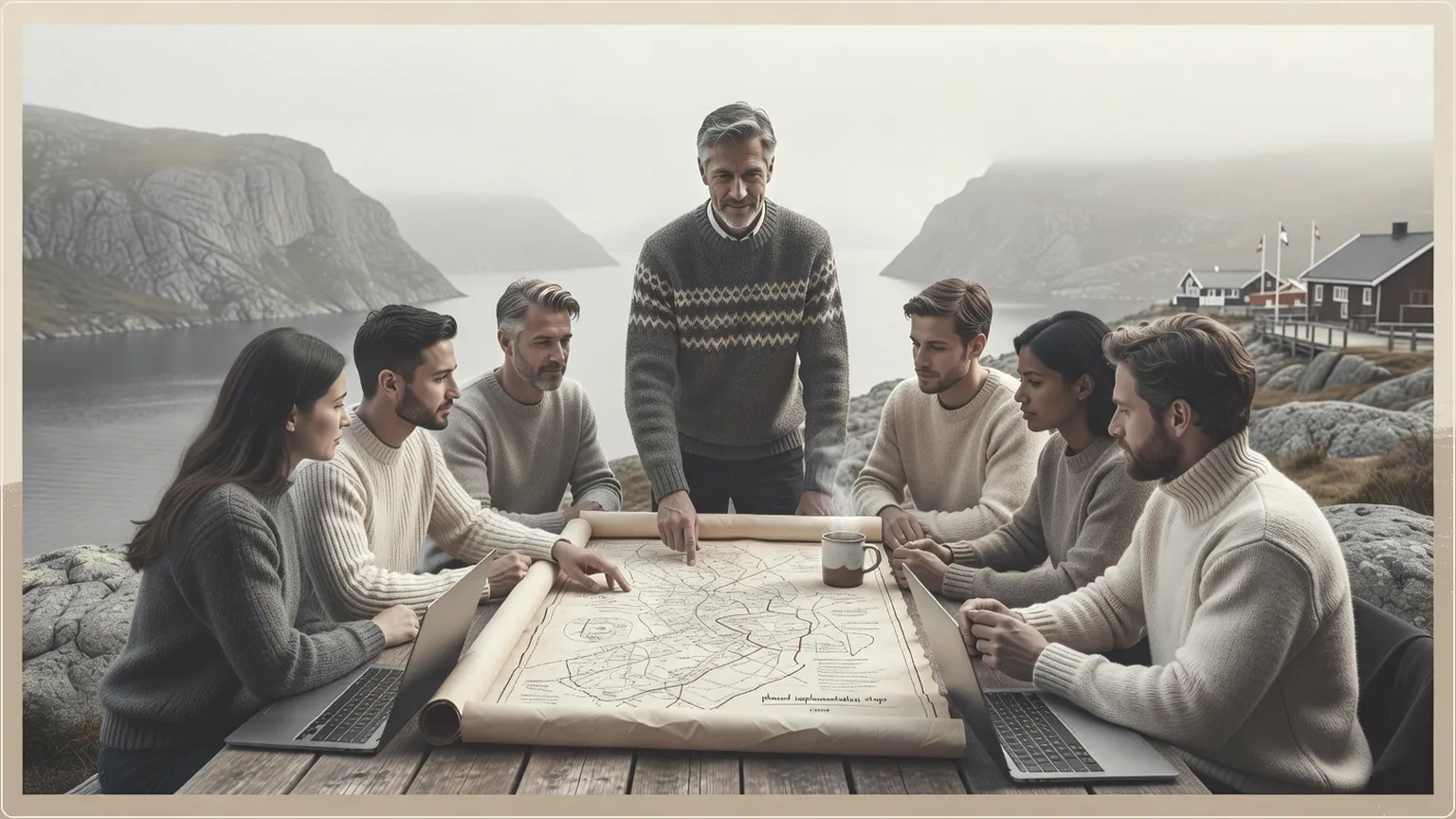 Pohjoismainen CTO-tiimi suunnittelee vaiheittaista strategiaa vuonon äärellä