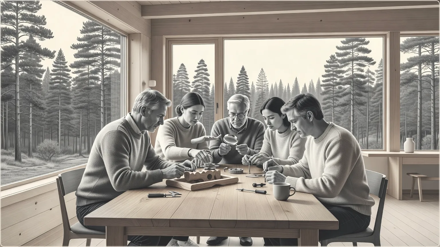 Team of builders assembling a prototype together in a sunlit Nordic cabin