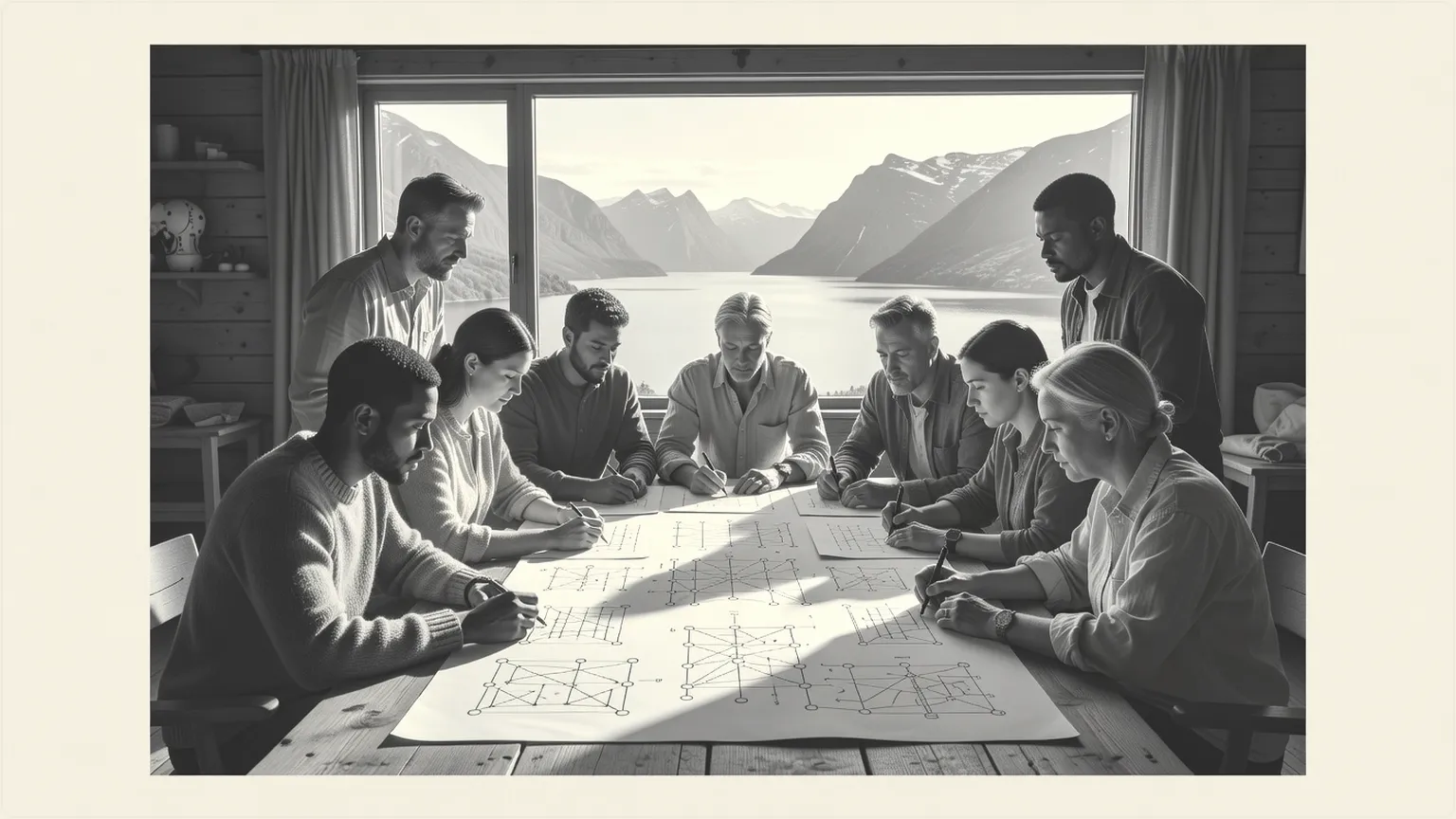 Team som samarbeider om åpne protokoller i en koselig nordisk hytte med utsikt over fjorder