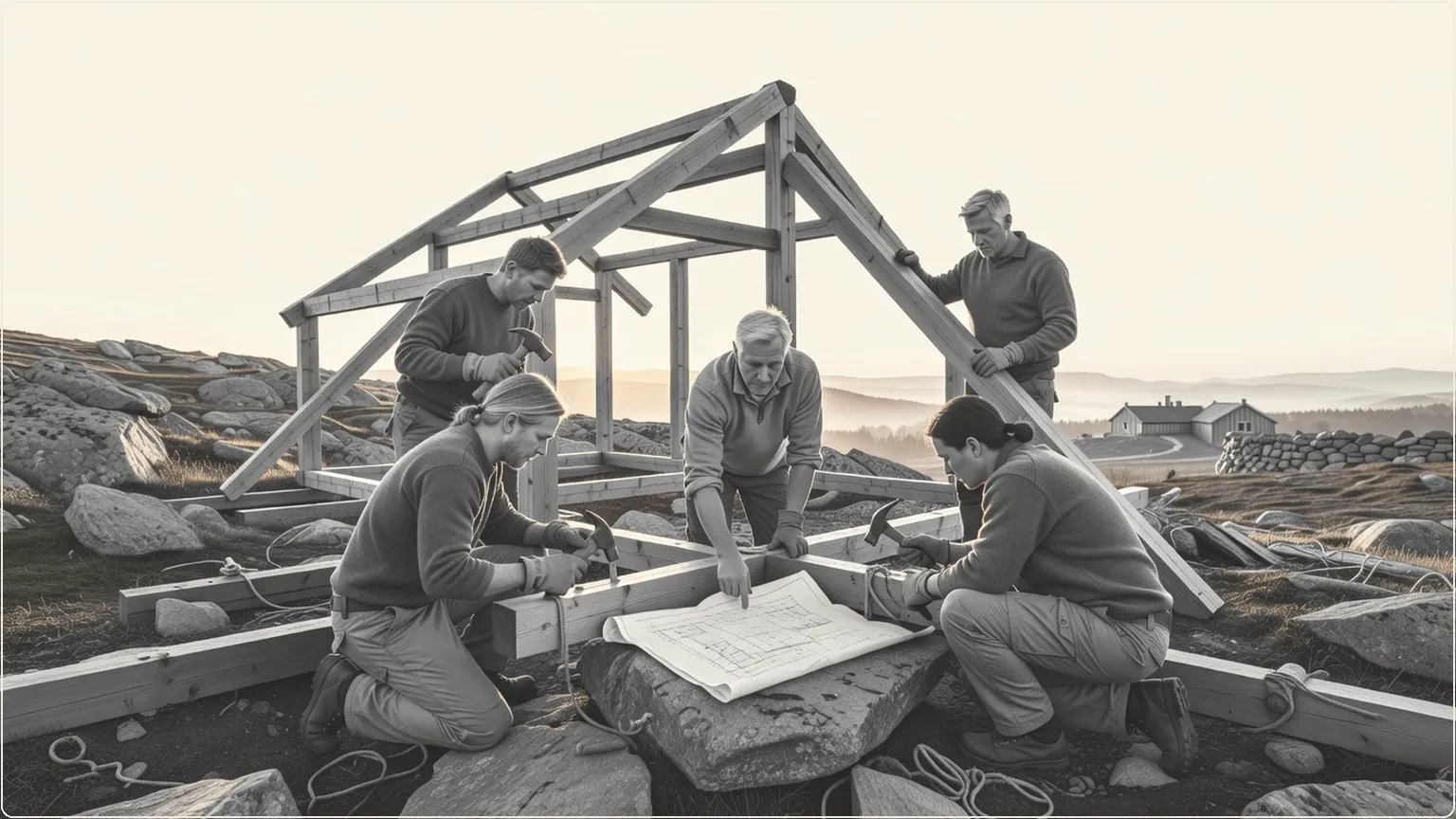 Team constructing a timber frame on a misty hillside