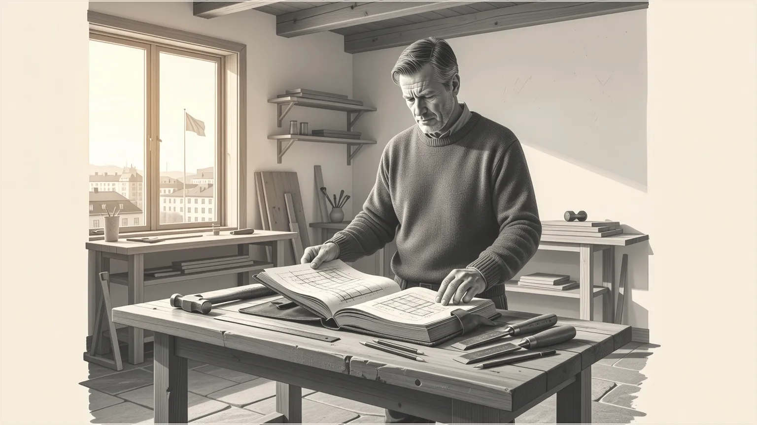 Builder starting project with playbook in sunlit workshop