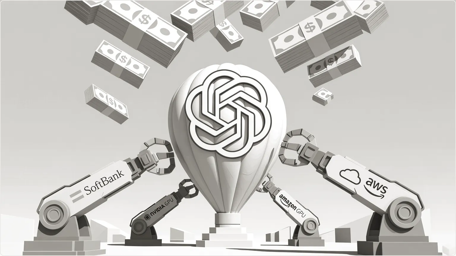 Dramaattinen kuvitus OpenAI:n 850 miljardin dollarin arvostuksen rahoituspiikistä, jota johtavat SoftBank, Nvidia ja Amazon.