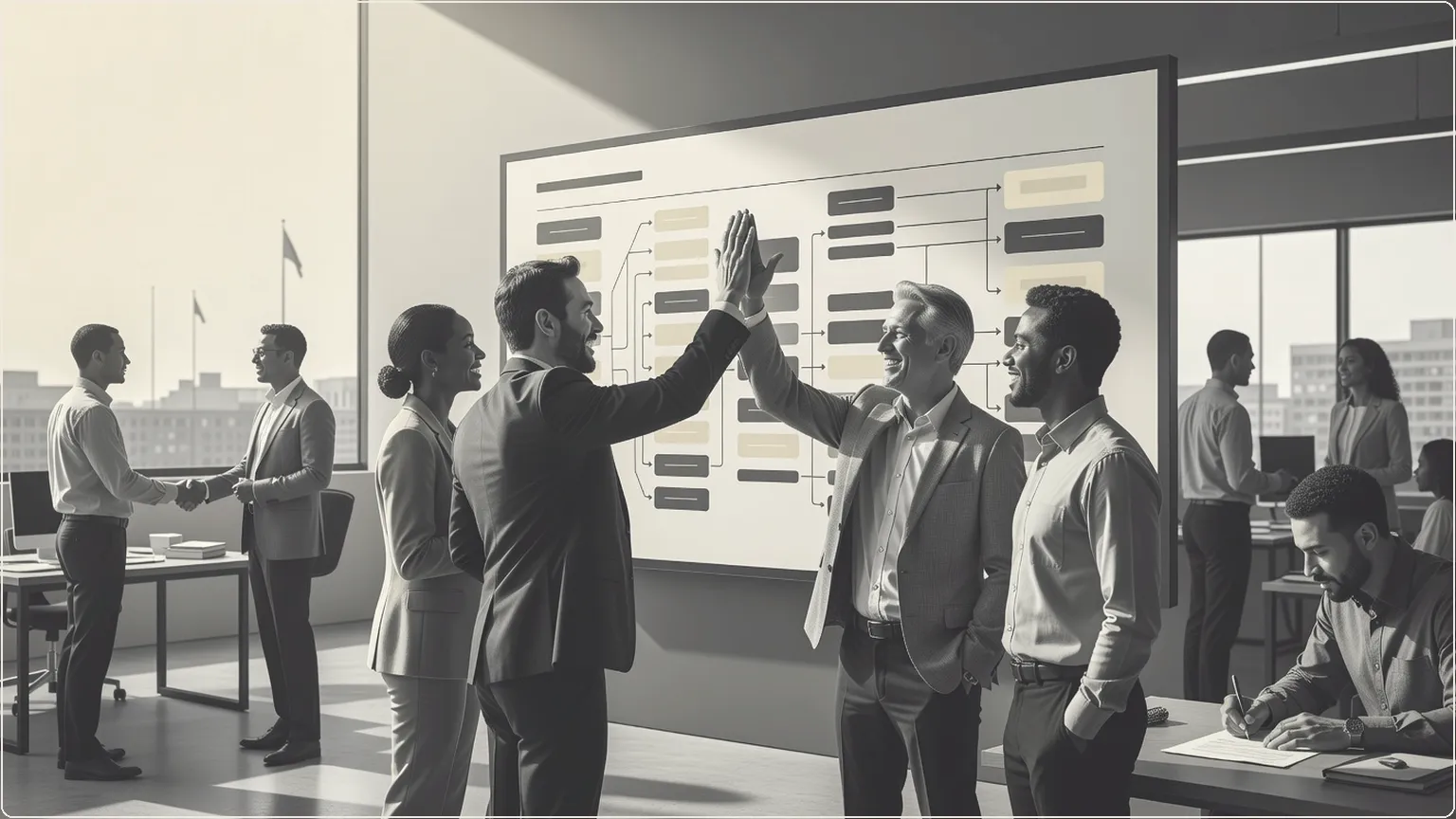 Team celebrating smooth AI-assisted workflows in modern office