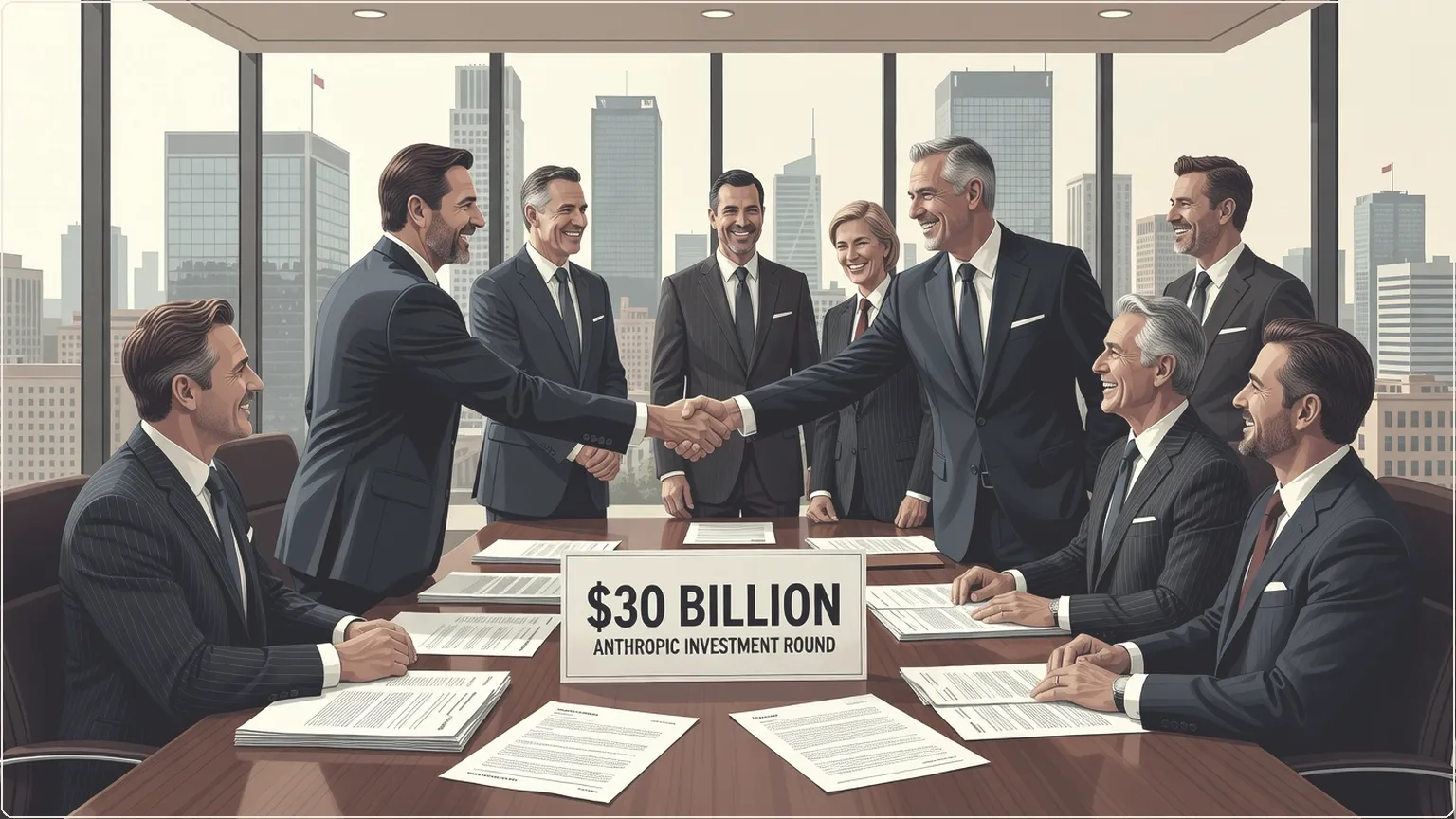 Executives sealing massive AI funding deal in modern boardroom