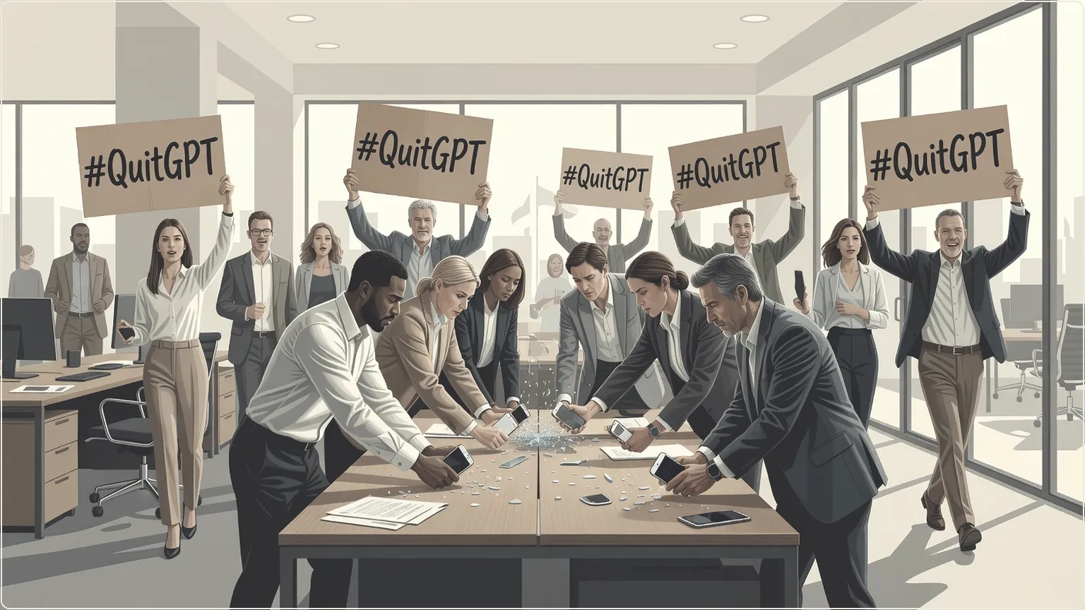 Kontorarbeidere som slutter seg til #QuitGPT-boikotten ved å ødelegge enheter og protestere.