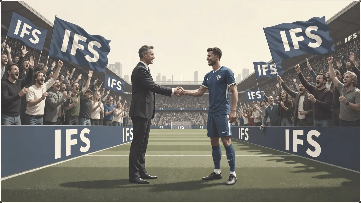 IFS-chef skakar hand med Chelsea FC:s kapten på planen omgiven av fans med sponsorbannrar