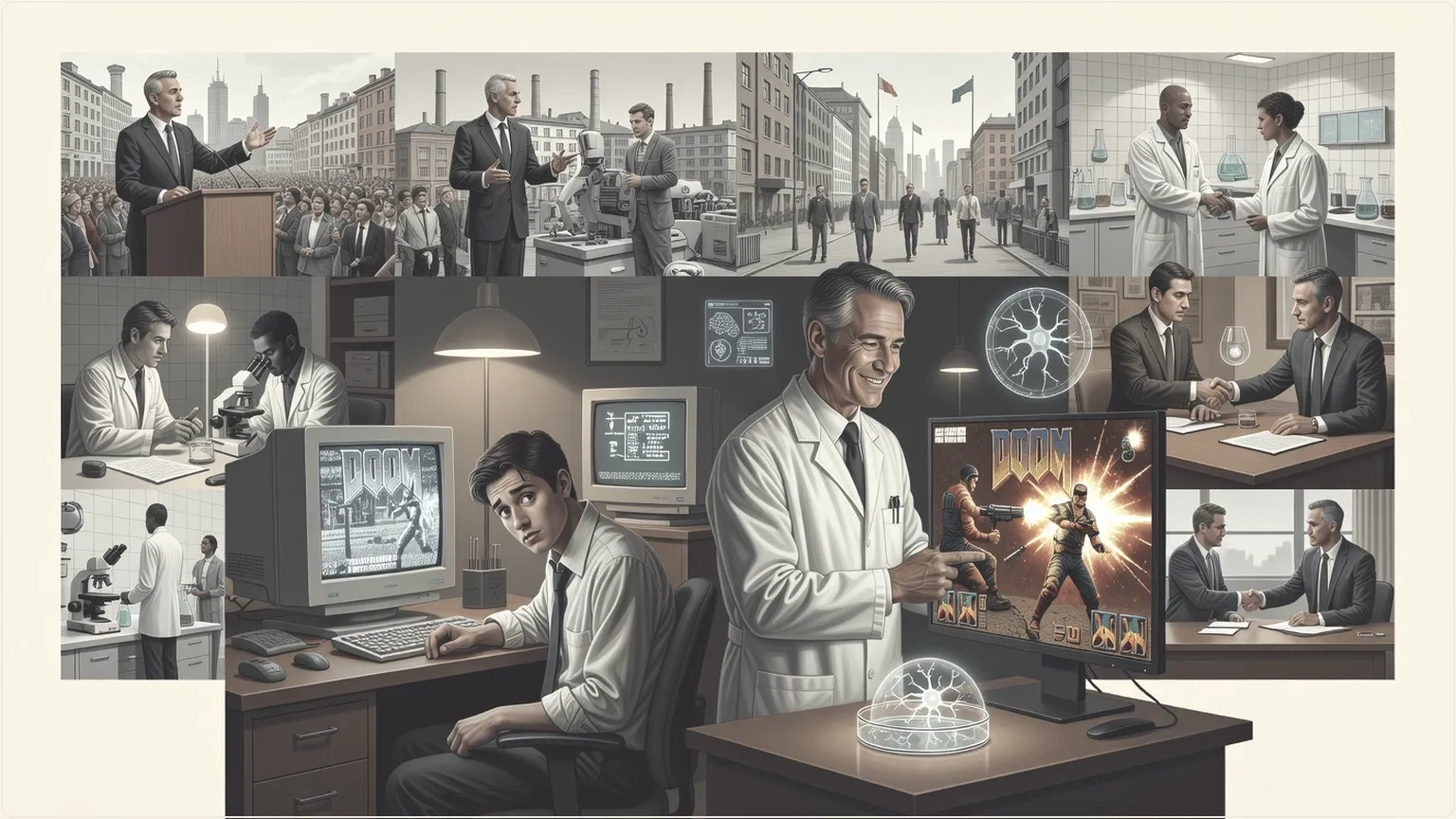 Intern struggling with Doom game contrasted with lab neurons mastering it