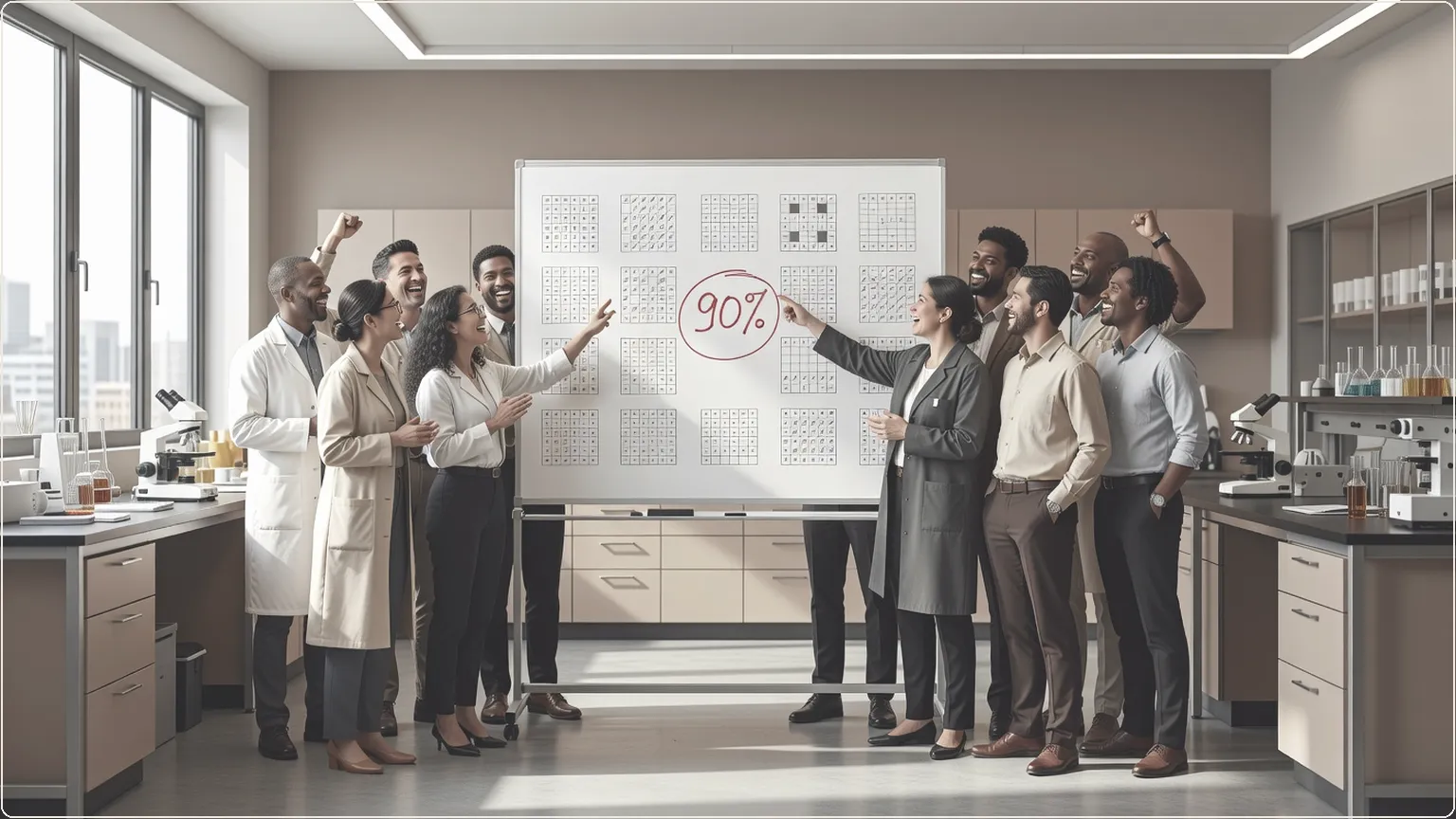 Researchers celebrating 90% success on ARC-AGI benchmarks with solved puzzles on whiteboard