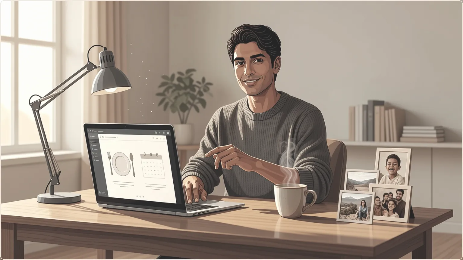 Person at home desk using local AI desktop app to manage daily tasks