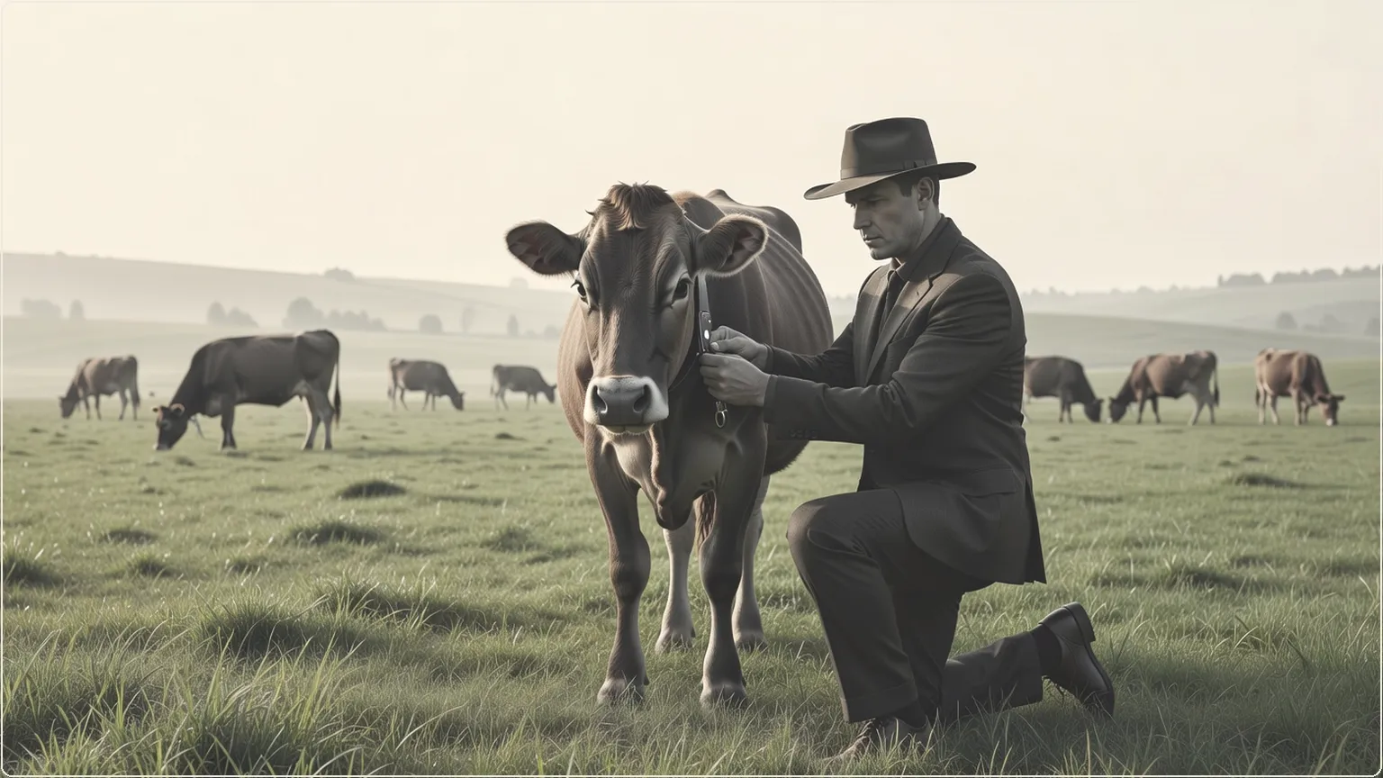 Peter Thiel attaching AI collar to cow in sunny field