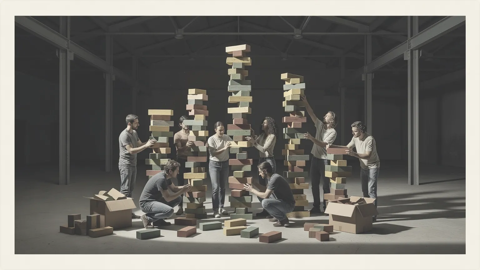 Utvecklare som bygger ostadiga torn av kodblock i ett industriellt lager, som illustrerar vibe-kodningens tekniska skuld.